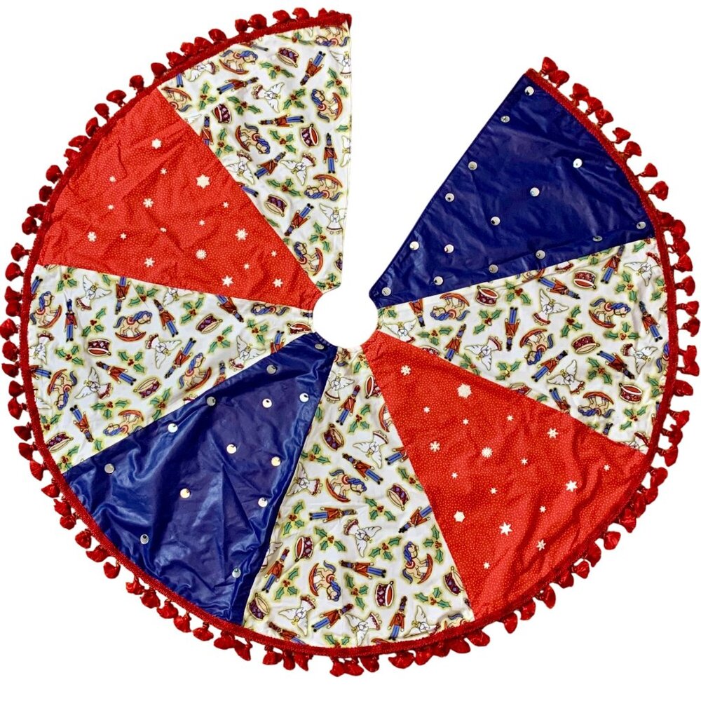 Handmade Xmas Tree Skirt Nutcracker Snowflakes Angels Beaded Quilted PomPom Trim